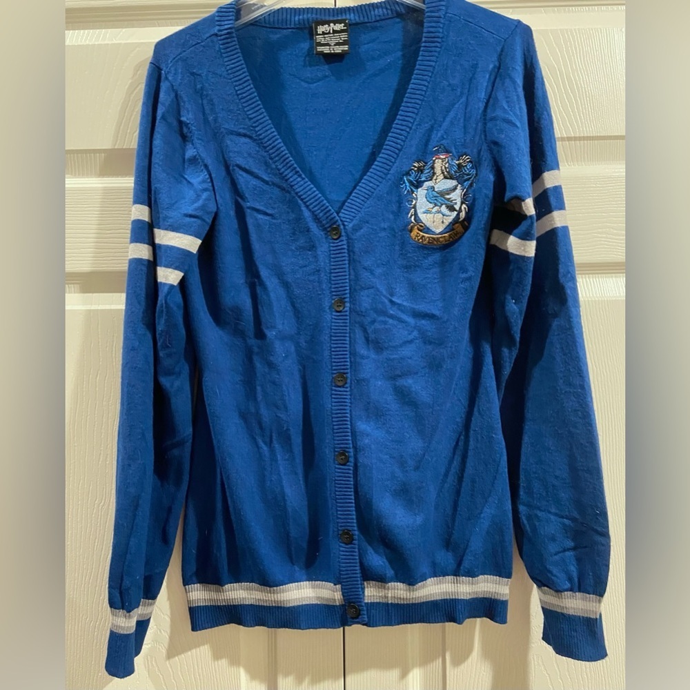 Harry Potter Womens Cardigan Medium Sweater Varsity Stripe Blue Ravenclaw